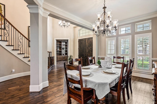 2919 Rutherford Place Ct, Katy, TX 77494 - dining room with a chandelier, crown molding, dark wood-style flooring, stairs, and baseboards