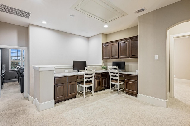 2919 Rutherford Place Ct, Katy, TX 77494 - office space featuring light carpet, attic access, built in study area, recessed lighting, and baseboards