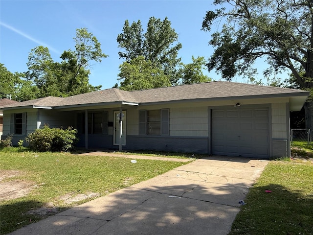 1307 Olive St, Baytown, TX 77520 - ranch-style home with concrete driveway, an attached garage, a shingled roof, and brick siding