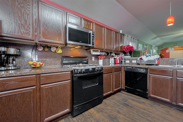 2902 Back Bay Brook Trl, Houston, TX 77045 - kitchen with black appliances, a sink, dark wood-style floors, backsplash, and lofted ceiling