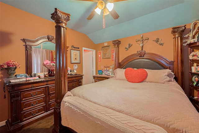 2902 Back Bay Brook Trl, Houston, TX 77045 - bedroom with vaulted ceiling, ceiling fan, ornate columns, and dark wood-type flooring