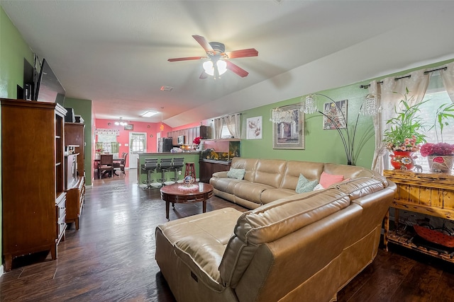 2902 Back Bay Brook Trl, Houston, TX 77045 - living area featuring lofted ceiling, ceiling fan, and dark wood-type flooring