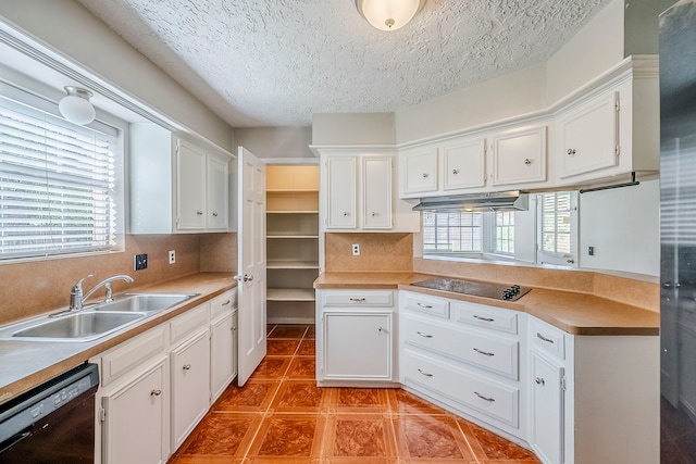 15714 Pebble Bend Dr, Houston, TX 77068 - kitchen featuring black appliances, a sink, under cabinet range hood, white cabinets, and backsplash