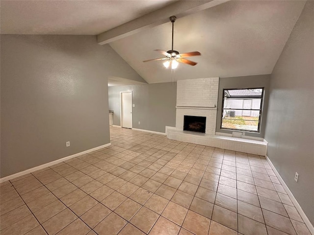 738 Beachcomber Ln, Houston, TX 77062 - unfurnished living room with light tile patterned flooring, ceiling fan, a brick fireplace, and baseboards