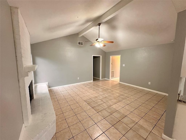738 Beachcomber Ln, Houston, TX 77062 - unfurnished living room with ceiling fan, light tile patterned floors, a brick fireplace, and baseboards