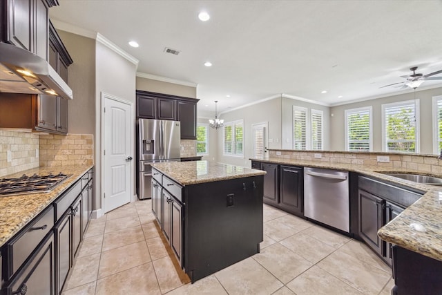 27208 Adrian Hills Ln, Spring, TX 77386 - kitchen featuring stainless steel appliances, range hood, a center island, a sink, and recessed lighting