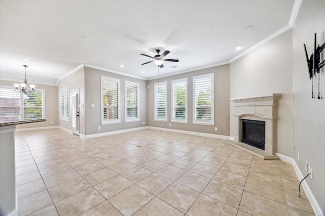 27208 Adrian Hills Ln, Spring, TX 77386 - unfurnished living room featuring light tile patterned floors, a chandelier, plenty of natural light, ornamental molding, and recessed lighting