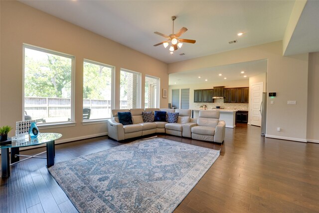 4218 Tanner Woods Ln, Sugar Land, TX 77479 - living room with a ceiling fan, dark wood finished floors, baseboards, and recessed lighting