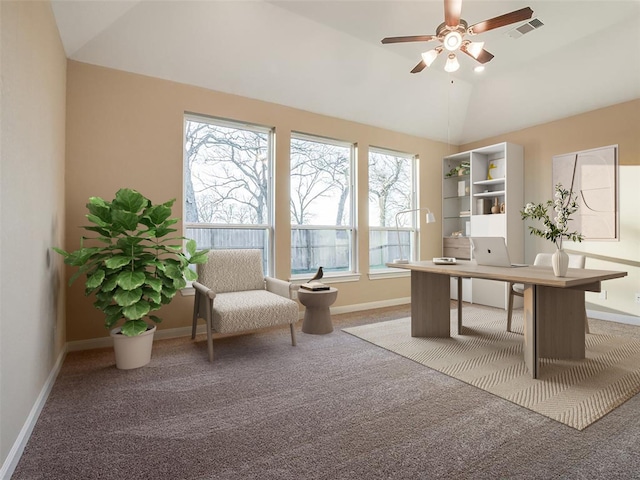 4218 Tanner Woods Ln, Sugar Land, TX 77479 - home office featuring carpet flooring, vaulted ceiling, a ceiling fan, and baseboards