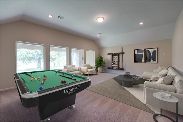 4218 Tanner Woods Ln, Sugar Land, TX 77479 - game room with vaulted ceiling, carpet floors, plenty of natural light, and billiards