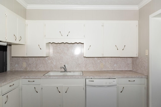 108 Chandler Dr, Baytown, TX 77521 - kitchen featuring dishwasher, a sink, decorative backsplash, light countertops, and crown molding