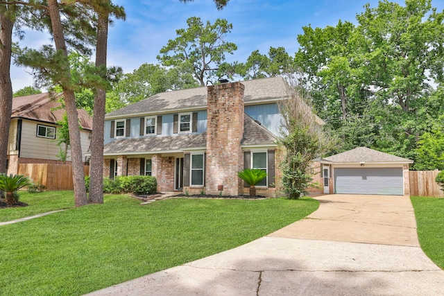 traditional-style home featuring a garage, a shingled roof, brick siding, concrete driveway, and a chimney