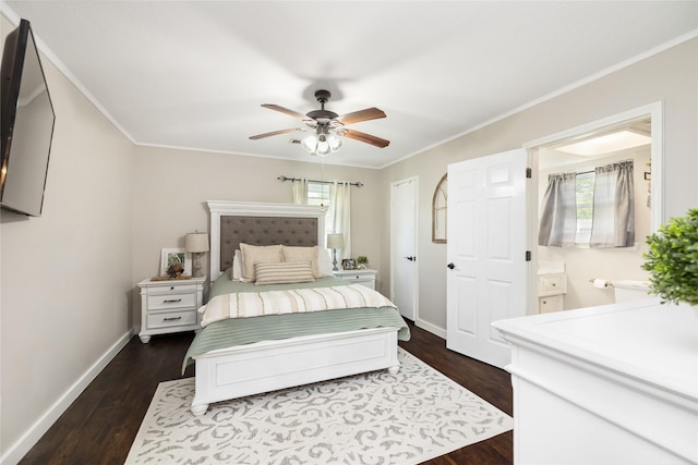 1209 Kansas Ave S, Anahuac, TX 77514 - bedroom featuring baseboards, dark wood-style flooring, ornamental molding, connected bathroom, and ceiling fan