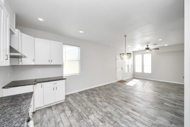 273 Rd 5134, Cleveland, TX 77327 - kitchen with under cabinet range hood, white cabinetry, a ceiling fan, recessed lighting, and light wood-type flooring