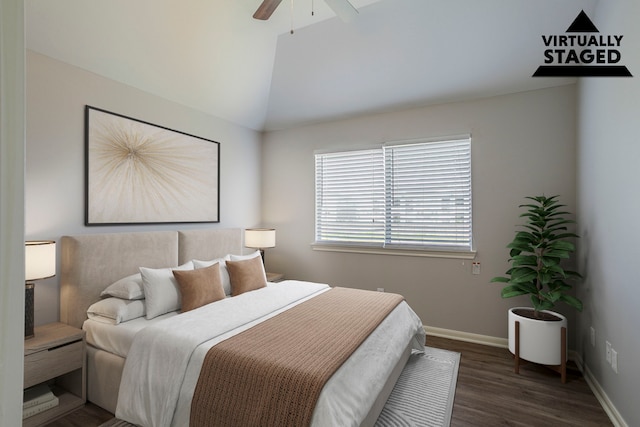 13035 Echo Landing Dr, Houston, TX 77070 - bedroom with wood finished floors, baseboards, lofted ceiling, and ceiling fan