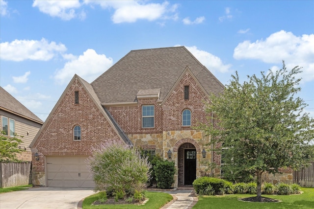 6406 Diamantina Ct, Katy, TX 77493 - english style home with brick siding, a garage, concrete driveway, and roof with shingles