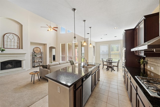 kitchen featuring a sink, stainless steel appliances, open floor plan, light tile patterned flooring, and dark brown cabinetry