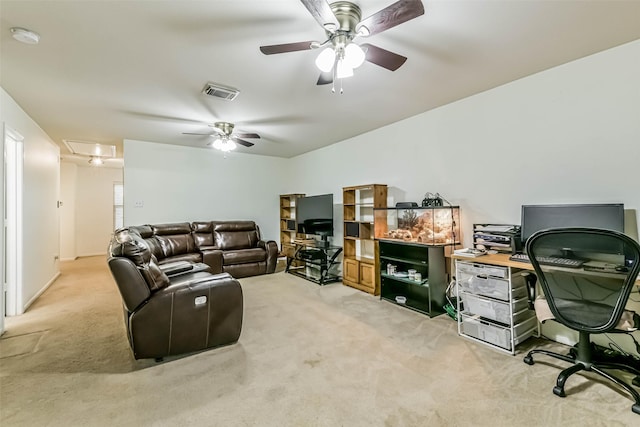 307 Squall Ct, Crosby, TX 77532 - living area featuring a ceiling fan, attic access, light carpet, and an office area