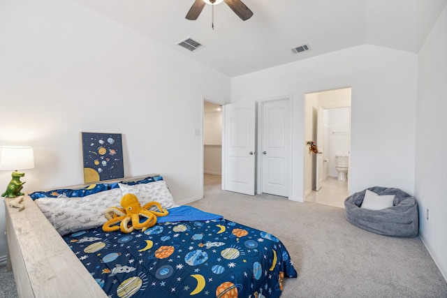 204 Catalina Cove Dr, Katy, TX 77493 - carpeted bedroom with baseboards, ensuite bathroom, ceiling fan, and vaulted ceiling