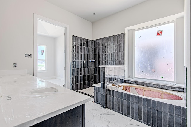 177 Peninsula Point Dr, Montgomery, TX 77356 - bathroom with marble look tile flooring, a walk in shower, and vanity