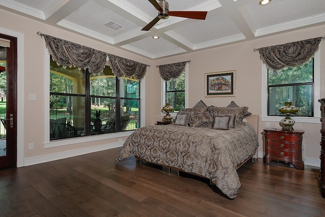 280 Sundog Rd, Huntsville, TX 77340 - bedroom with coffered ceiling, wood finished floors, beamed ceiling, recessed lighting, and ornamental molding