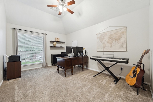17815 Fairgrove Park Dr, Houston, TX 77095 - office featuring carpet, ceiling fan, vaulted ceiling, and baseboards