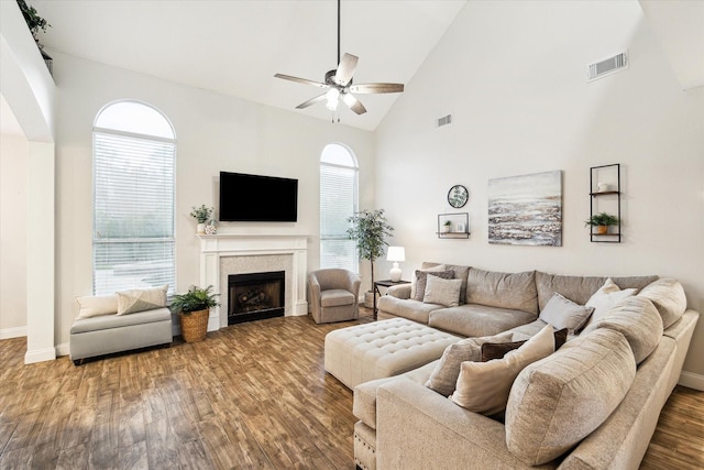 17815 Fairgrove Park Dr, Houston, TX 77095 - living area with a ceiling fan, high vaulted ceiling, wood finished floors, and healthy amount of natural light