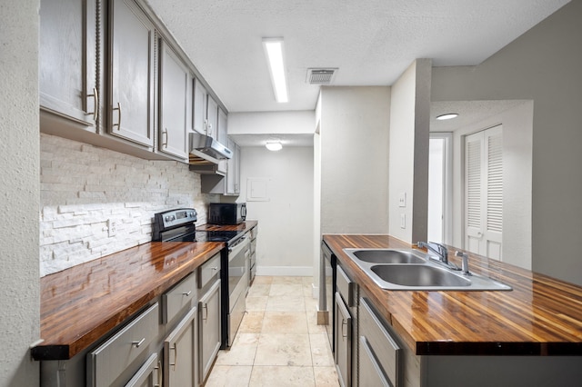 9537 Pagewood Ln Unit 9537, Houston, TX 77063 - kitchen with wooden counters, electric stove, under cabinet range hood, a sink, and black microwave