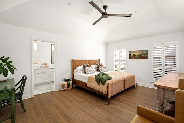 2421 Potomac Dr Unit C, Houston, TX 77057 - bedroom featuring wood finished floors, lofted ceiling, ensuite bathroom, baseboards, and ceiling fan