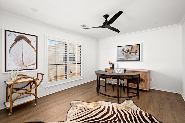 2421 Potomac Dr Unit C, Houston, TX 77057 - living area featuring ornamental molding, a ceiling fan, baseboards, and wood finished floors
