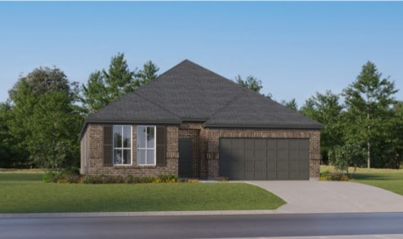 3035 Ruby Ridge Dr, Katy, TX 77493 - single story home with an attached garage, driveway, brick siding, and a front lawn
