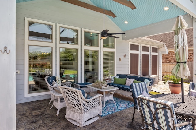 2850 Woodland Glen Ln, Conroe, TX 77385 - view of patio / terrace with an outdoor hangout area, a ceiling fan, and outdoor dining space