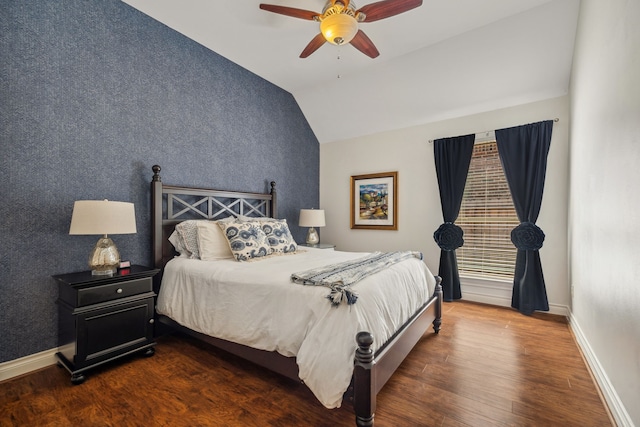 2850 Woodland Glen Ln, Conroe, TX 77385 - bedroom with lofted ceiling, wood finished floors, baseboards, and a ceiling fan