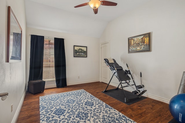 2850 Woodland Glen Ln, Conroe, TX 77385 - exercise area featuring a ceiling fan, vaulted ceiling, wood finished floors, and baseboards