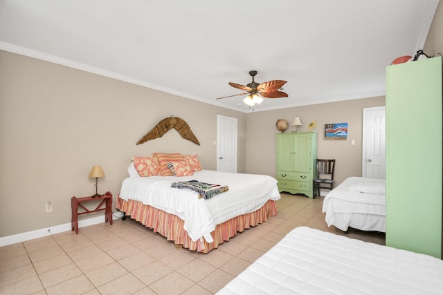 13134 Gulf Beach Dr, Freeport, TX 77541 - bedroom featuring ornamental molding, light tile patterned flooring, baseboards, and ceiling fan