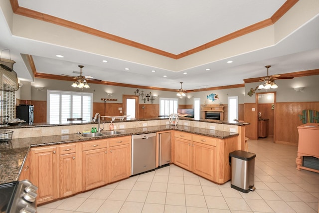 13134 Gulf Beach Dr, Freeport, TX 77541 - kitchen featuring stainless steel dishwasher, ceiling fan, a sink, a raised ceiling, and wainscoting