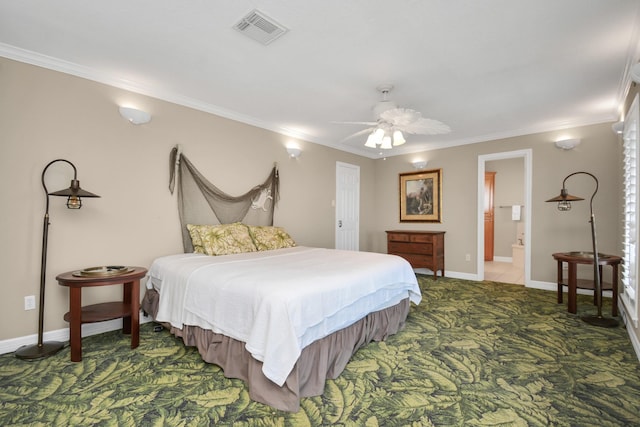 13134 Gulf Beach Dr, Freeport, TX 77541 - carpeted bedroom featuring ornamental molding, baseboards, ensuite bath, and a ceiling fan