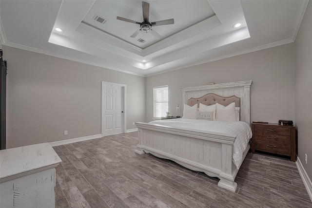 3331 Bridgette Ln, Baytown, TX 77523 - bedroom with a raised ceiling, wood finished floors, crown molding, baseboards, and a ceiling fan