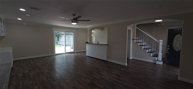 15311 Empanada Dr, Houston, TX 77083 - unfurnished living room featuring a ceiling fan, dark wood-type flooring, ornamental molding, baseboards, and recessed lighting