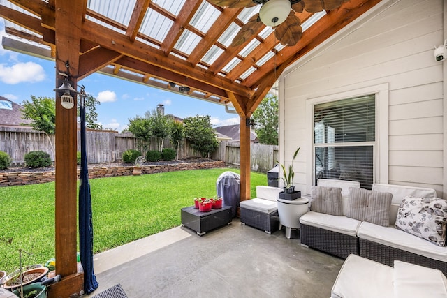 view of patio / terrace featuring an outdoor living space, a pergola, and ceiling fan