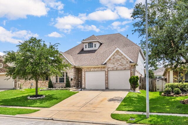 view of front facade featuring a garage, concrete driveway, roof with shingles, and brick siding