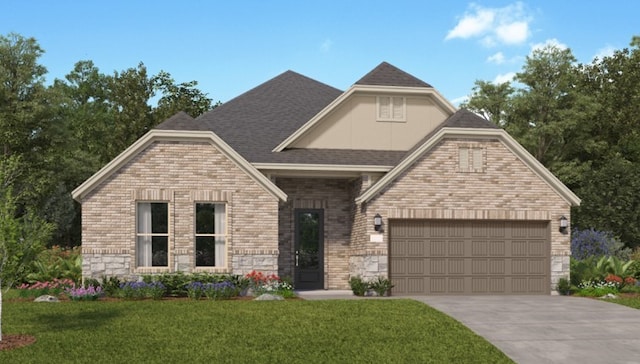 view of front of home featuring driveway, a front yard, brick siding, an attached garage, and roof with shingles