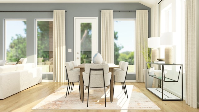 dining room featuring light wood-type flooring, healthy amount of natural light, and vaulted ceiling