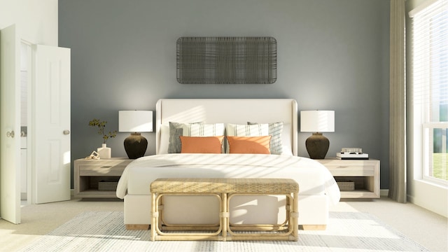 bedroom featuring light carpet