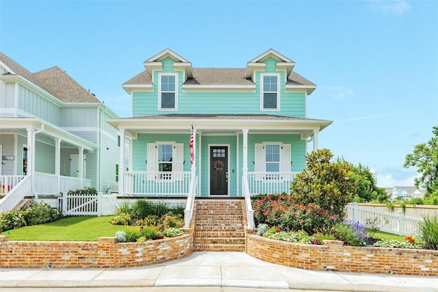 9 Caravelle Ct, Galveston, TX 77554 - view of front facade featuring a porch, stairs, and roof with shingles