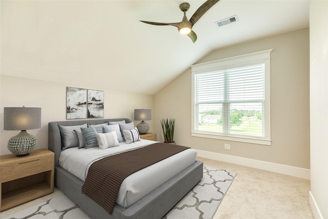 9 Caravelle Ct, Galveston, TX 77554 - carpeted bedroom featuring lofted ceiling, baseboards, and a ceiling fan