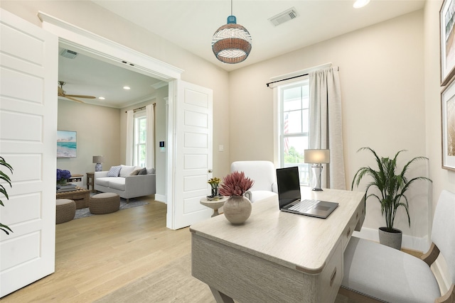 9 Caravelle Ct, Galveston, TX 77554 - office featuring light wood finished floors, recessed lighting, baseboards, and ceiling fan
