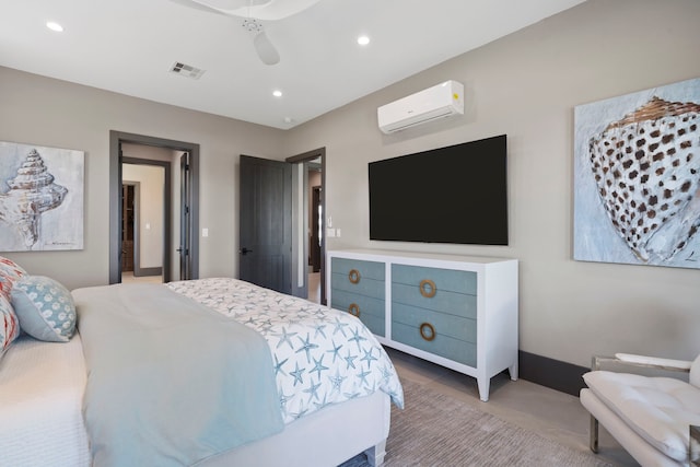 3835 Seabreeze Ln, Galveston, TX 77554 - bedroom featuring a wall mounted AC, recessed lighting, and a ceiling fan