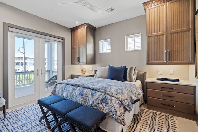 3835 Seabreeze Ln, Galveston, TX 77554 - bedroom featuring access to exterior, french doors, recessed lighting, and a ceiling fan