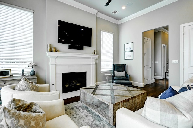 6003 Matthew Oaks Pl, Houston, TX 77007 - living room featuring wood finished floors, ornamental molding, a fireplace, and recessed lighting